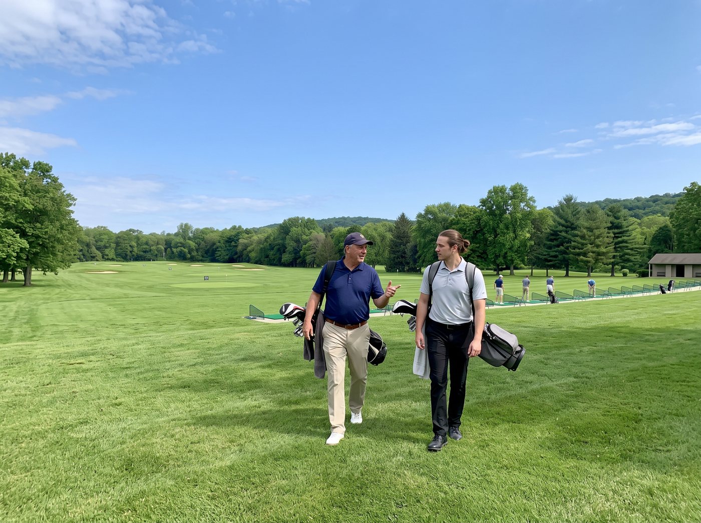 Golfers walking the fairway during an on-course playing lesson